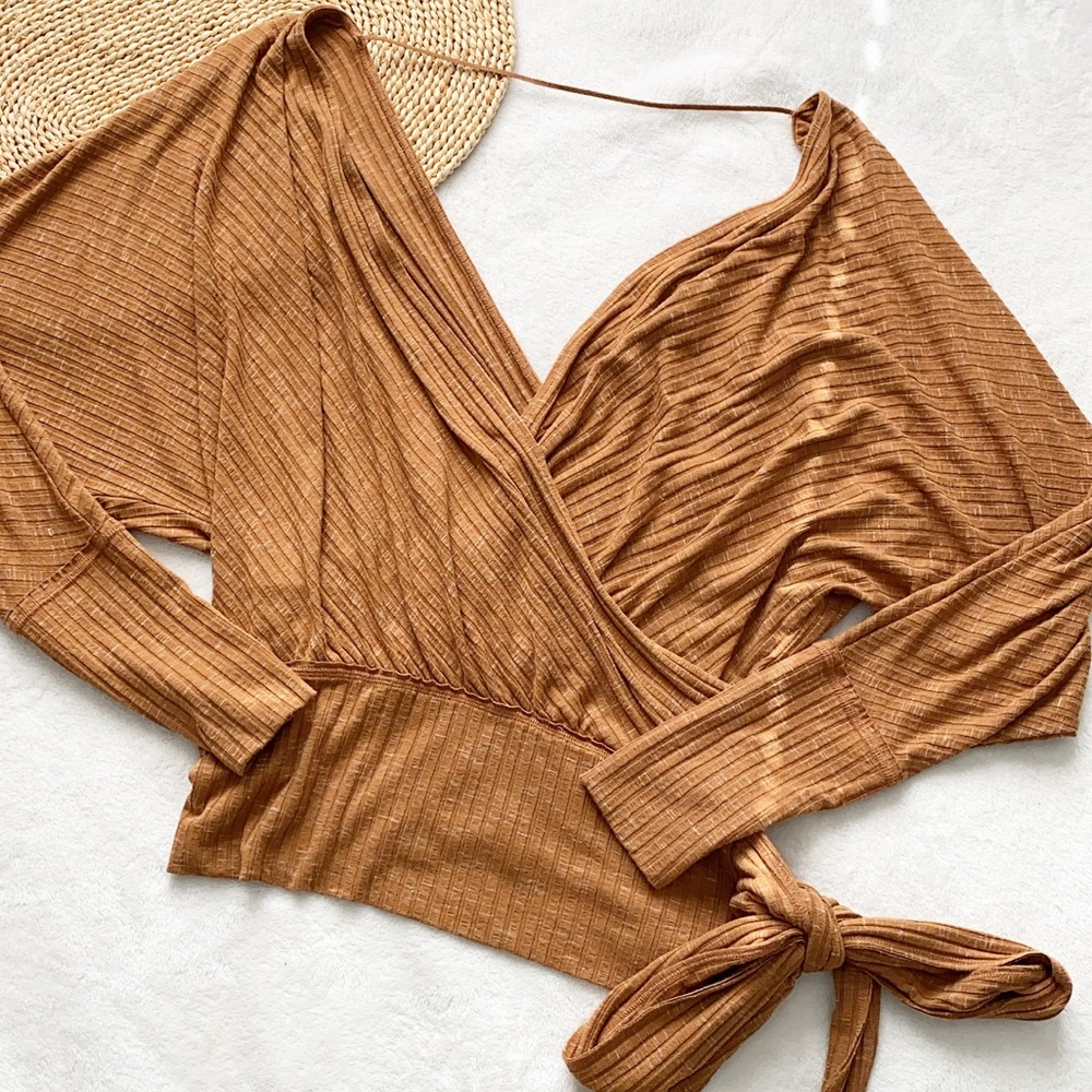 Free People Ribbed Camel Brown V neck Top M